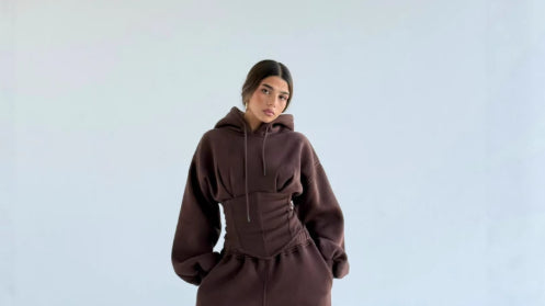 Womens Slim-fit Waist-cinching Hoodie And Drawstring Pants Two-piece Set