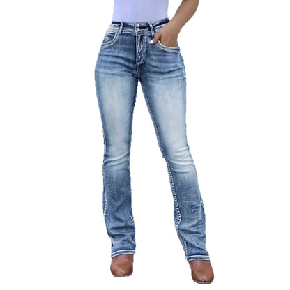 Retro Stretch Pocket Embroidery Patchwork Washed Denim Jeans