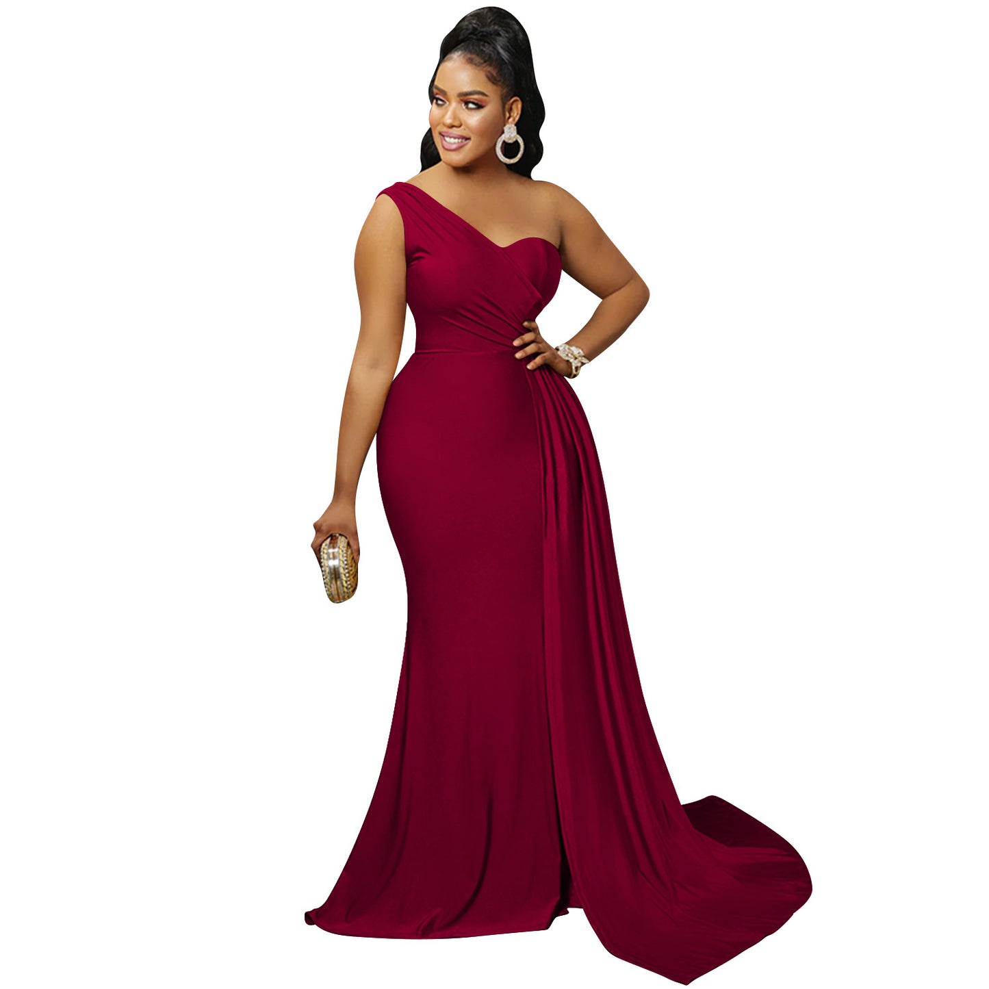 Solid-color Party Bodycon One-shoulder Sleeve Dress